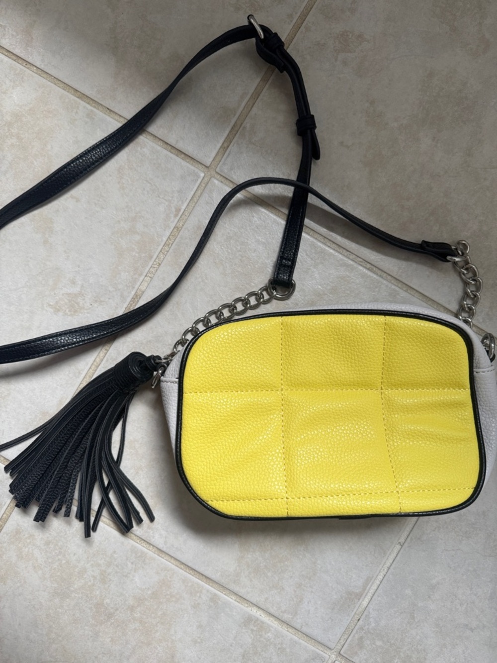 Tahari Yellow and White Crossbody Bag with Black Trim and Tassel